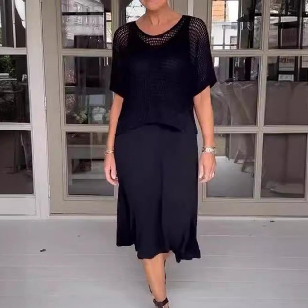 2 Pcs/Set Women Top Dress Set Hollow Out Knitted Round Neck Short Sleeve Top V Neck A-line Sleeveless Sundress Lady Midi Dress C