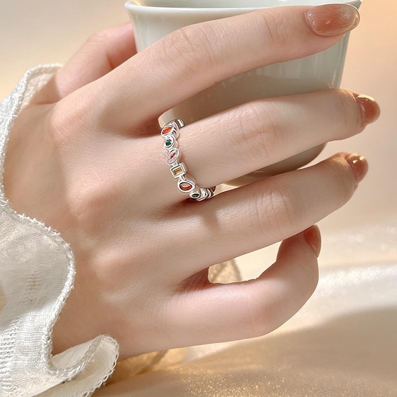 Colorful Diamond Square Waterdrop Elegantly Simple 925 Sterling Silver Jewelry Zircon Geometric Round Opening Rings 02901