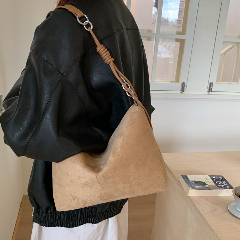 Retro Commuting Suede Shoulder Bag Women's Large Capacity Zipper Crossbody Pack Autumn Winter Trendy Square Khaki Handbags