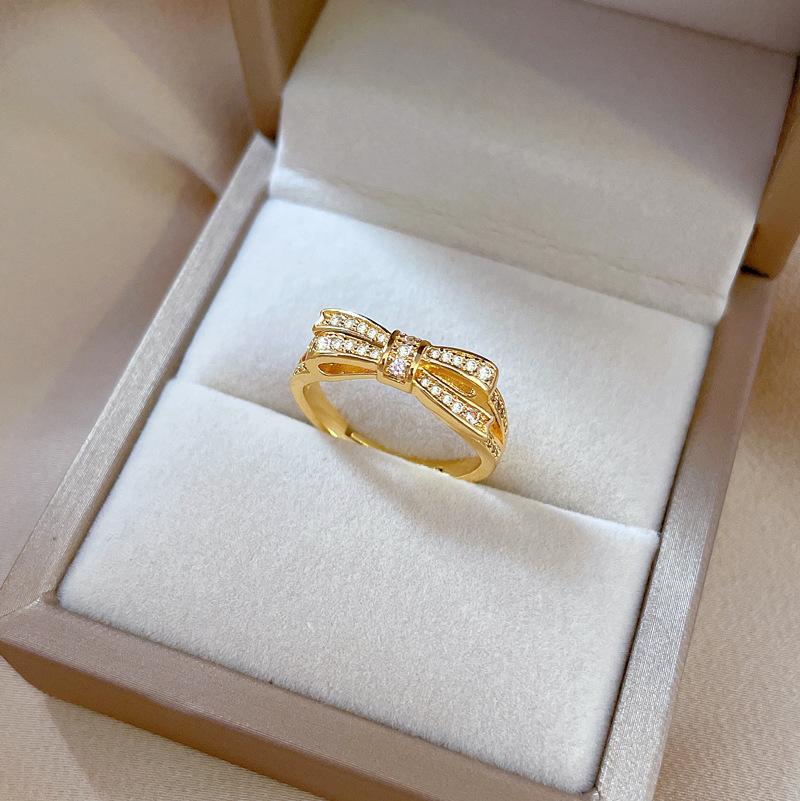 Real Gold Electroplated Open Ring, Women'S Fashion Bow, Light Luxury Ring, Index Finger Ring, The Same Cold Style