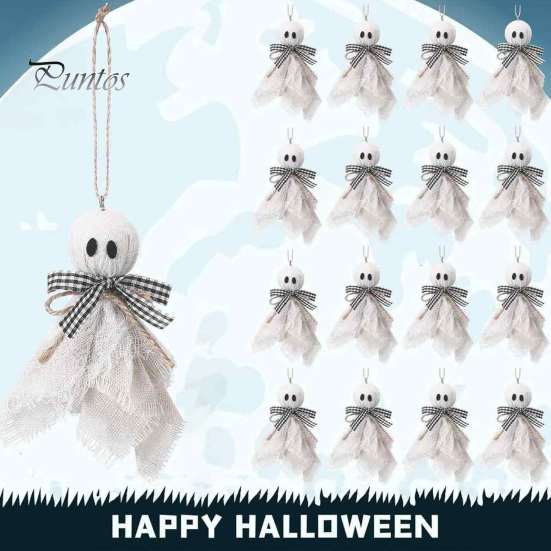 Halloween Branch Hanging Ornaments Ghost Ornament, 4 Inch Small Doll Decoration with Jute Rope, Fabric Yard Decor Farmhouse Rustic Cloth for
