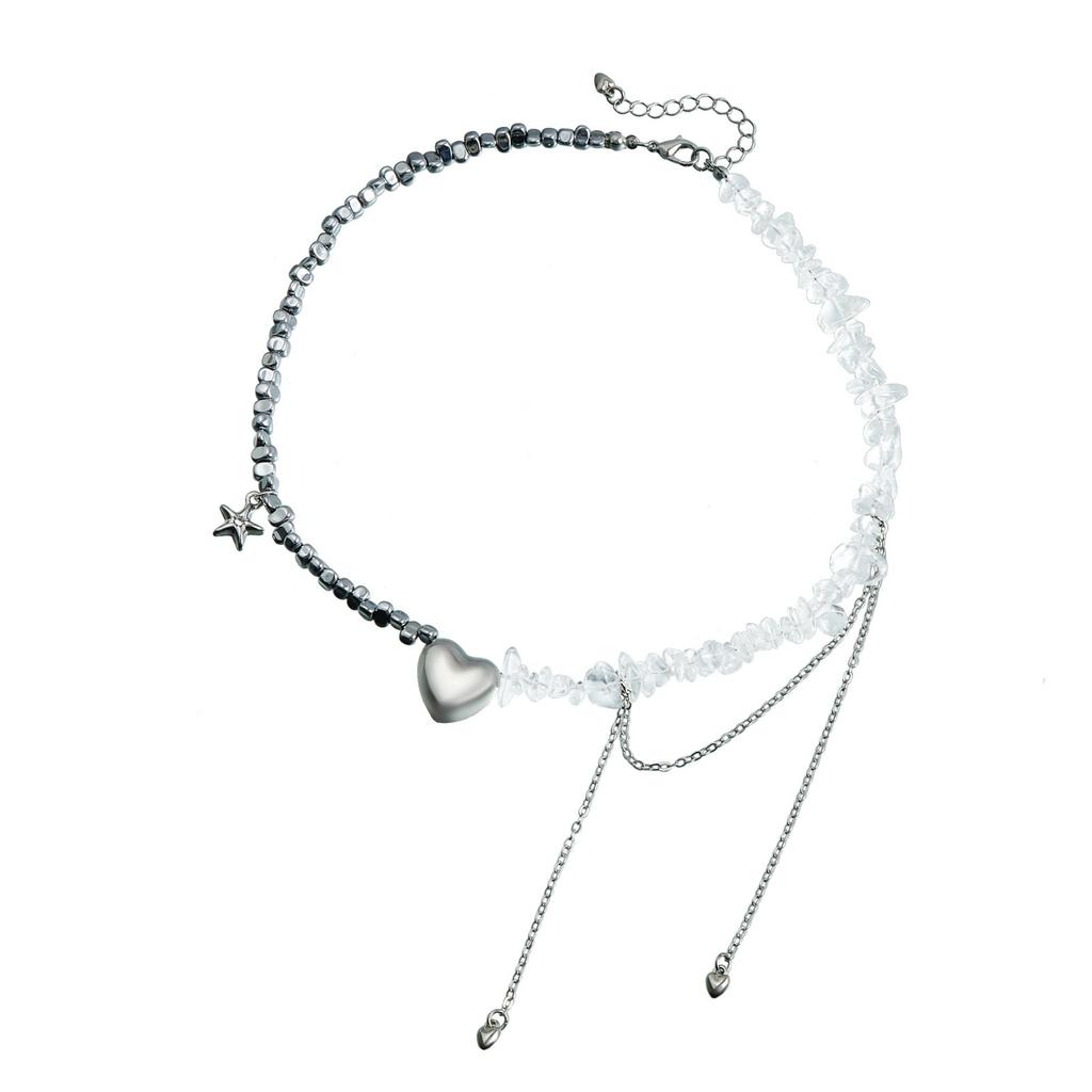 Stylish Irregular Stone Beaded Necklace for Dinner Parties Heart Pendant Clavicle Chain Accessories for Everyday Wear