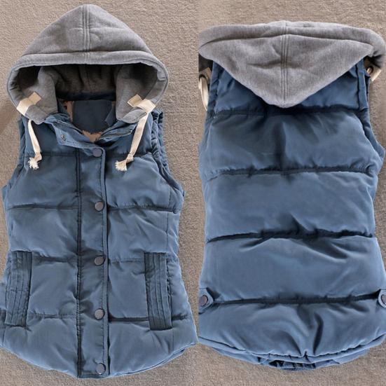 Women Autumn Winter Color Block Sleeveless Hooded Waistcoat Warm Thick Vest Coat