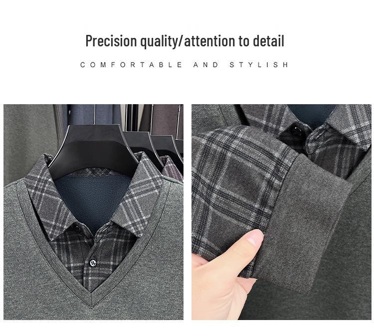 Men's Winter Knit Shirt with Velvet Thickened Layer and Collar