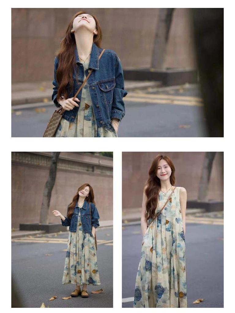 Spring 2025 Ink Print Dress & Denim Jacket Set - Age-Defying Fashion