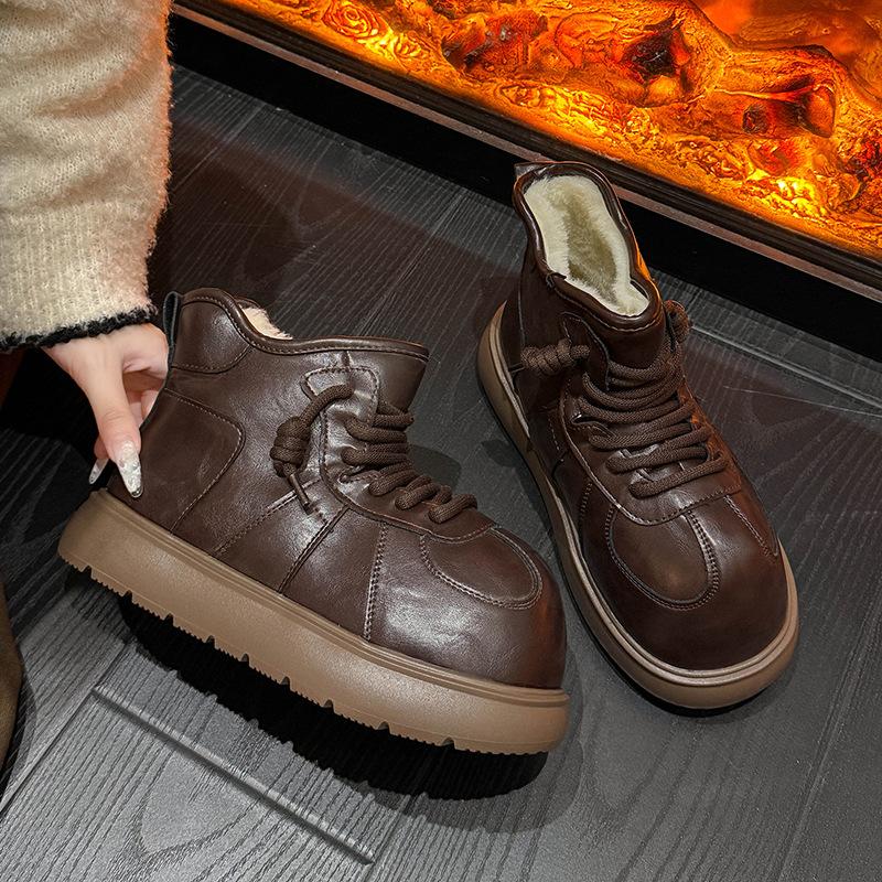 

Нишевые ботинки-луноходы на платформе Gaobang с большой головой, женские, 2025, зима, новые, теплые, ретро, обувь-хлеб, нескользящие короткие ботинки, тренд 40 коричневый