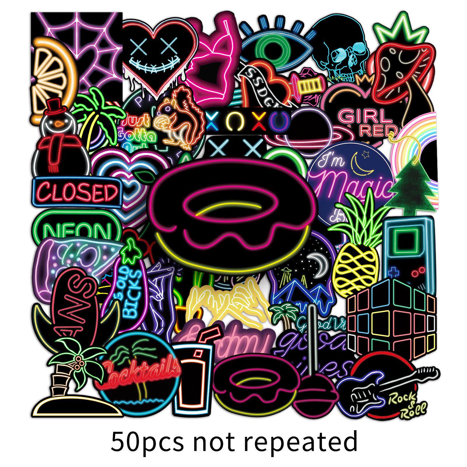 50 Neon Cartoon Stickers - Colorful, Creative, Waterproof for Phones and Bottles