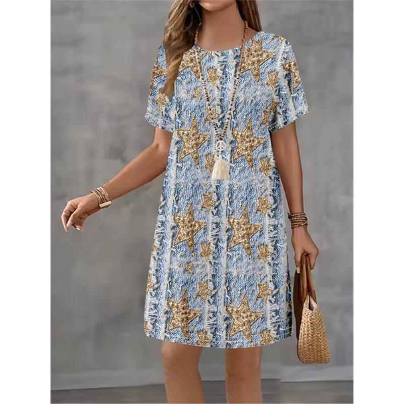 Women Summer Dress Fashionable Style Flower Print Casual Short Sleeved Round Neck A-line Dress Street Style Elegant Mini Dress