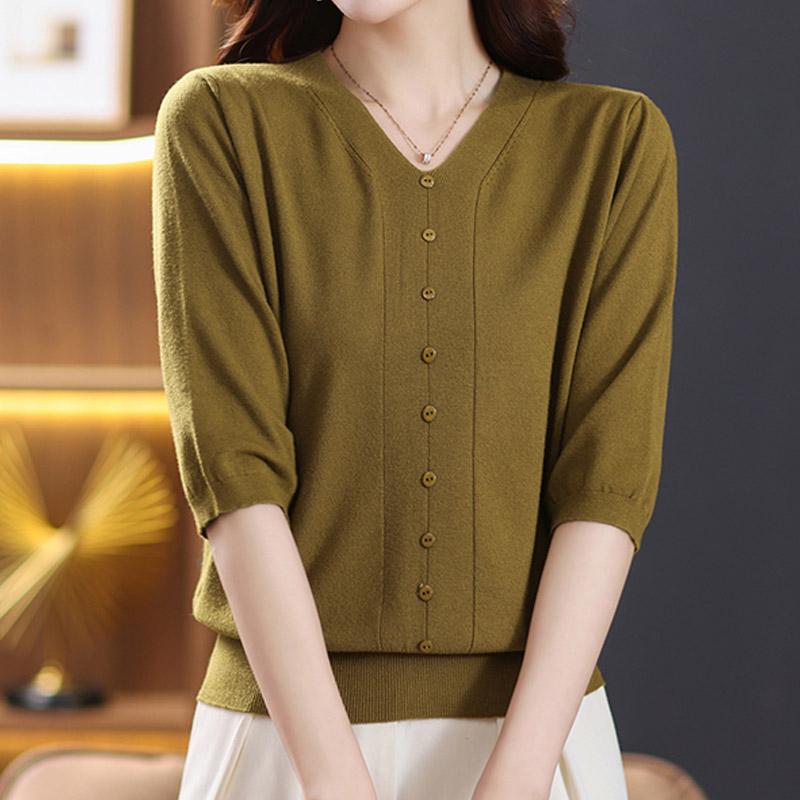 Women Sweaters Pullovers 2025 Summer Short Sleeve V-Neck Black Knitted Sweater Women Tops Pullover JJ139