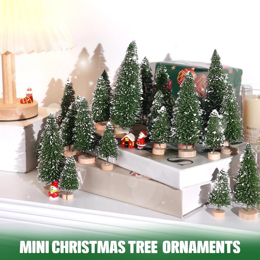 A Set of Five Sizes Mini Christmas Trees Artificial Bottle Brush Trees with Wooden Base ForChristmas Home Table Craft Dress Up