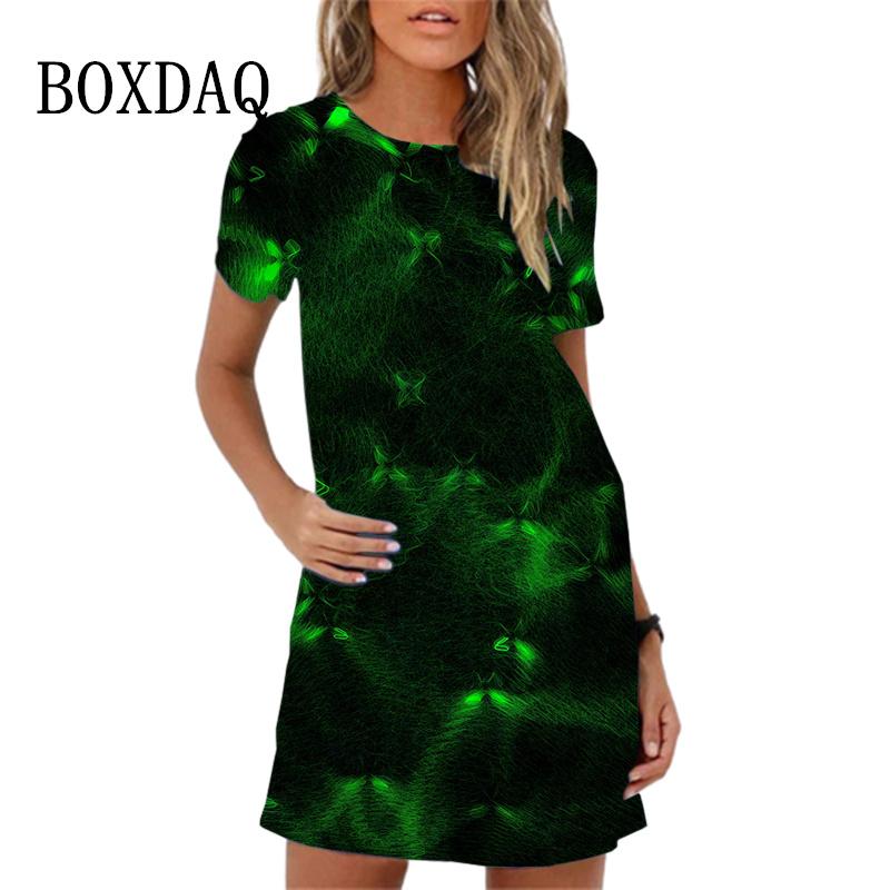 Colorful Feather Pattern Women Dress New Spring Summer Clothing Fashion Elegant Short Sleeve O-Neck Gradient Print Dresses