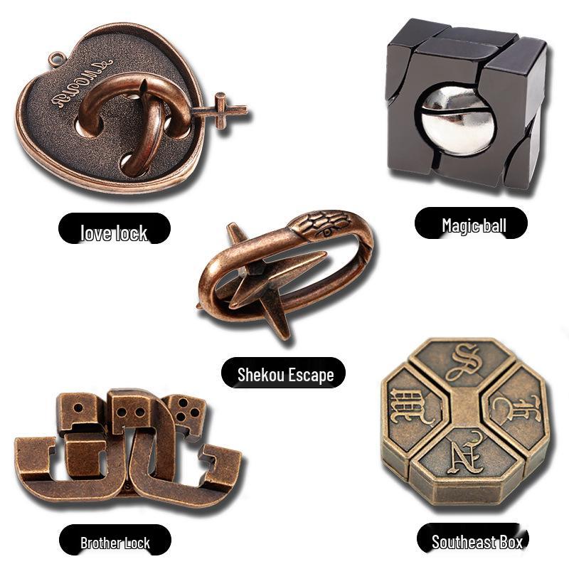 Kinder Intelligenz Puzzle Set: Luban- und Kongming-Schlösser, Neun ineinandergreifende Ringe, Hufeisenschloss - Trendiges Lernspielzeug auf TikTok