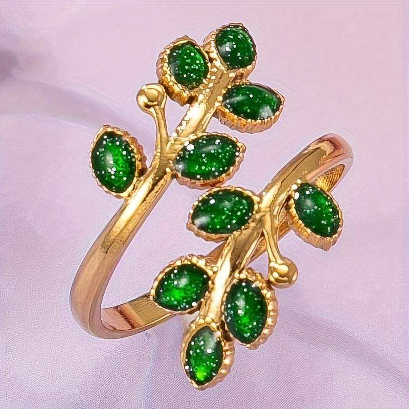 Bohemian Multicolor Leaf Openwork Oil Drop Ring, Stainless Steel 18k Gold Plated, Women s Daily Wear or Gift зелёный