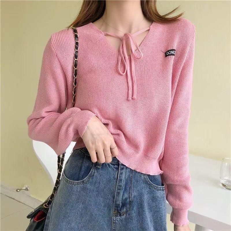 

Короткий свитер с V-образным вырезом, вязаный свитер, женская одежда, осенний новый дизайн, свободный верхний слой One size fits all [70-62.5 kg] розовый