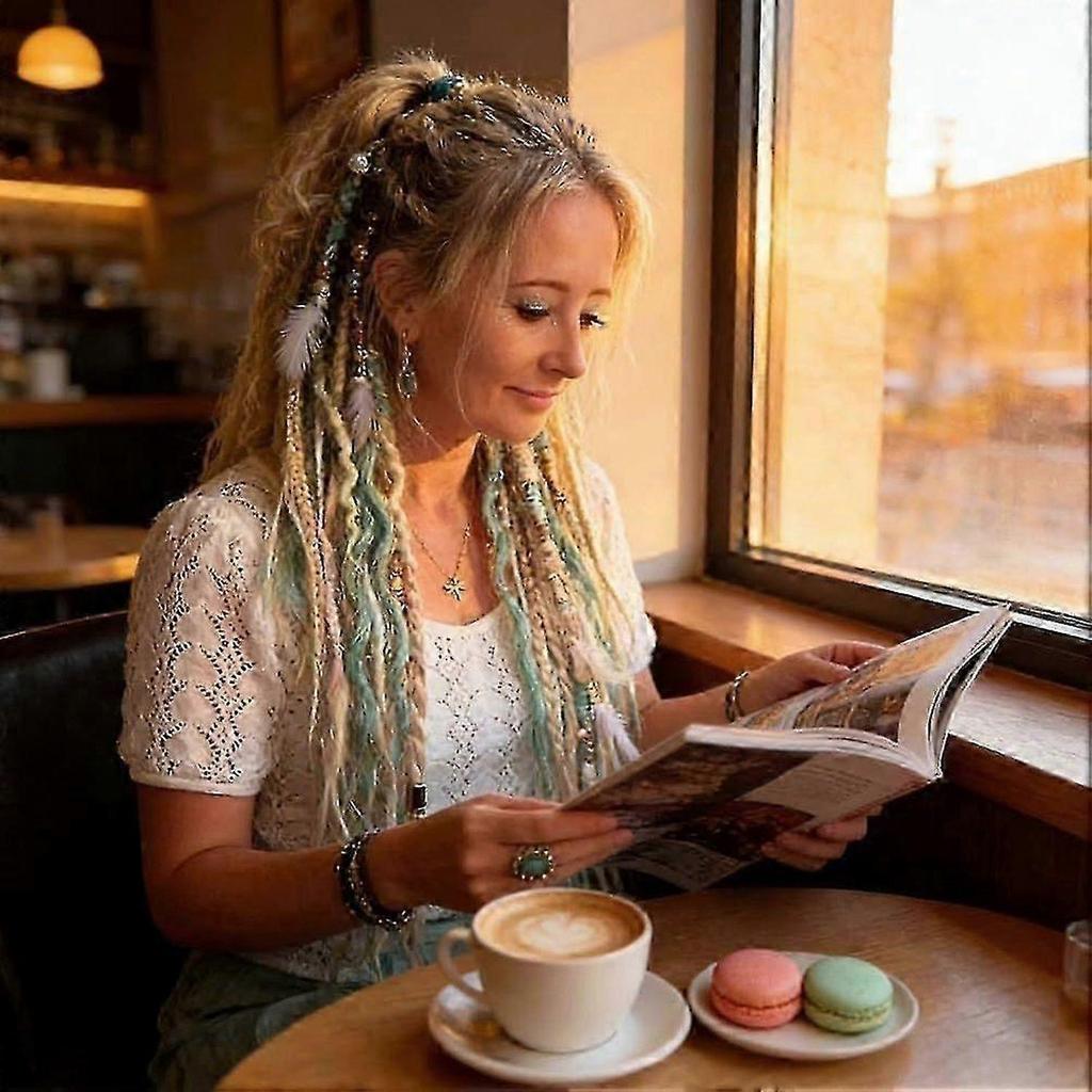 Elastische dreadlock-paardenstaart Salty-Soul, 56 cm boho gevlochten paardenstaart-extensie met haarelastiek, geschikt voor reizen en casual stijlen, elastisch boho dreadlock-haar met kralen &