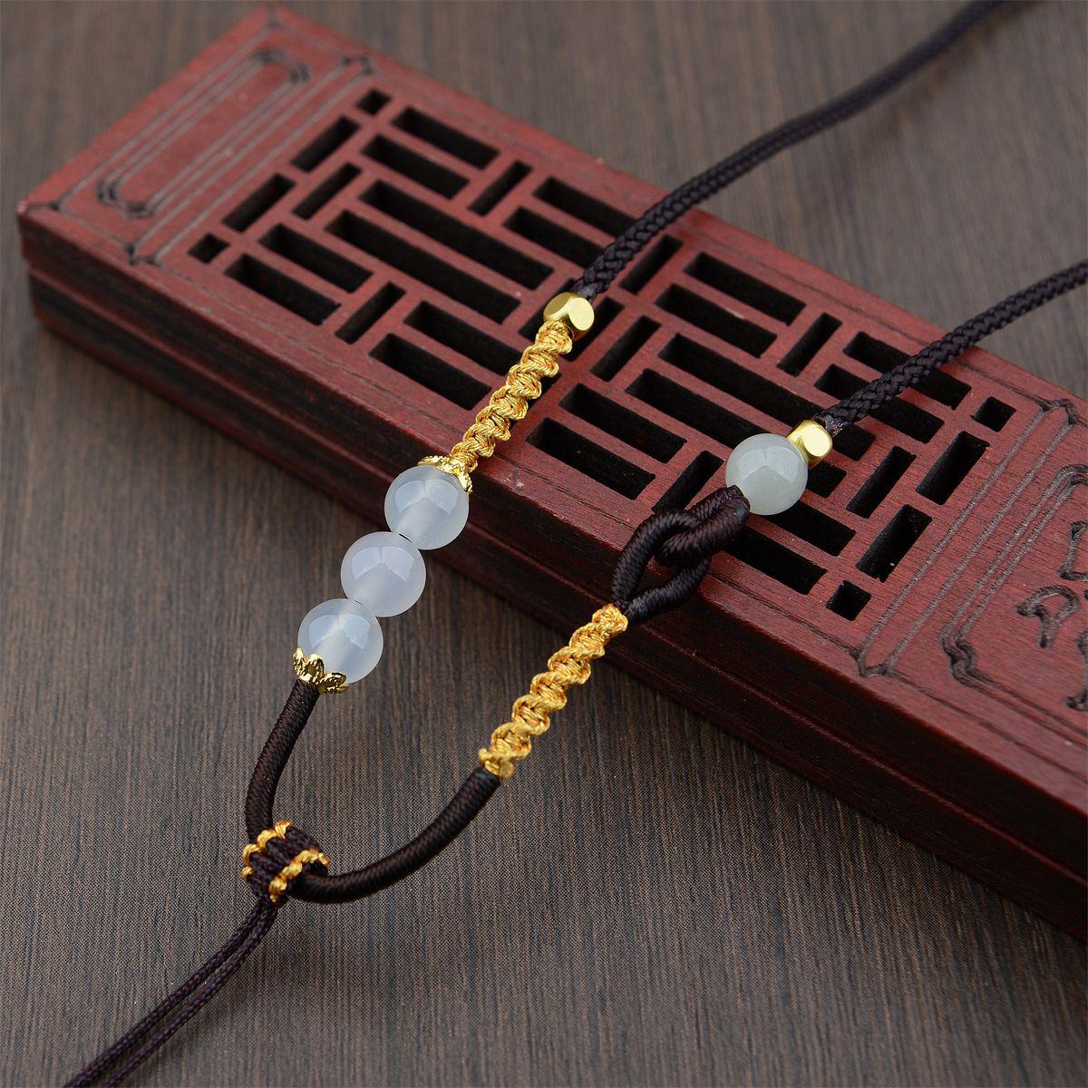 Handcrafted Asymmetrical Ethnic Pendant Necklace with Gold Thread кофейный