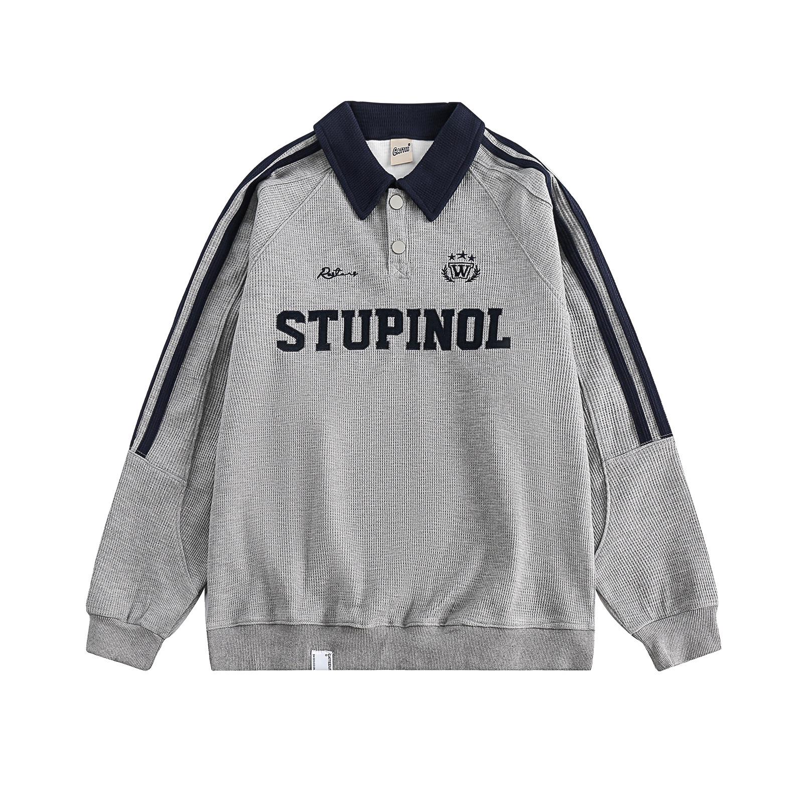 

Женская модная ретро вышитая рубашка поло в стиле преппи - С длинным рукавом, свободного кроя, толстовка с лацканом в стиле колор-блок 2XL (recommended 150-180 jin) серый