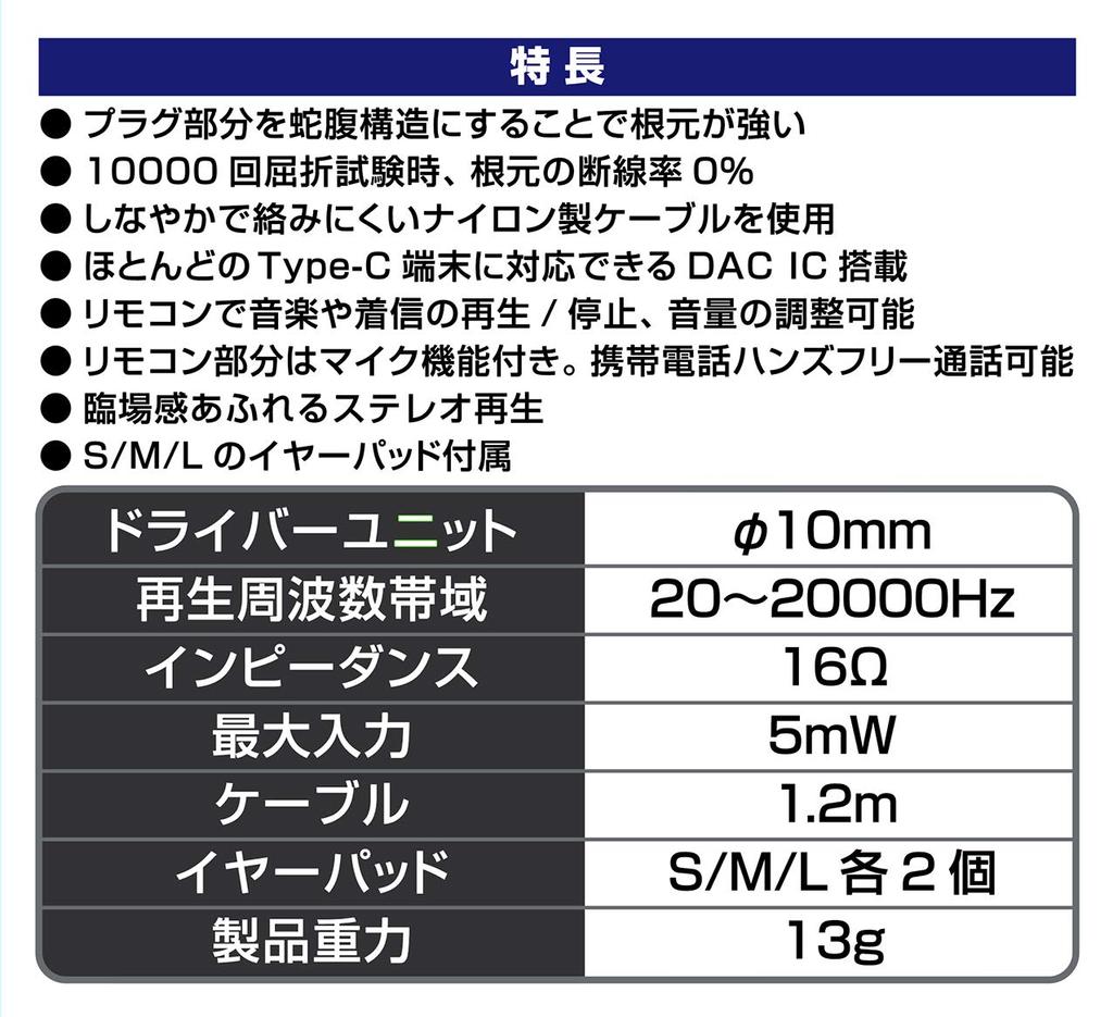 Kashimura Type-C Earphones, Heavy-Duty, Product Number NAE-223