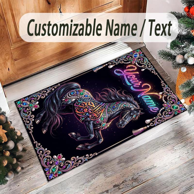 Horse Theme Crystal Velvet Floor Rug Personalized Custom Name Text Warm Carpet Home Decoration