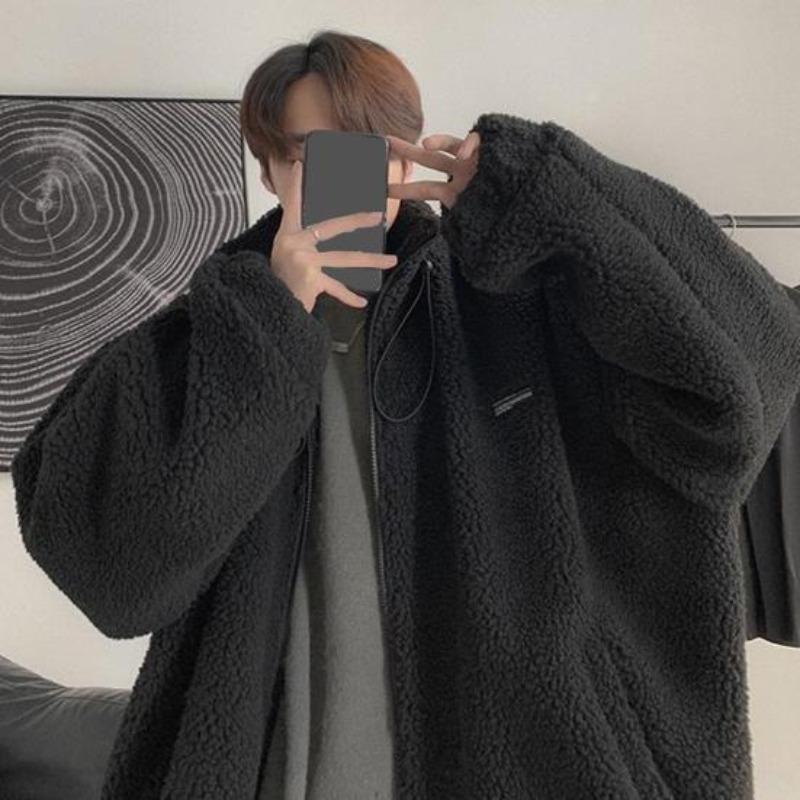 Autumn Winter Men Coat Drawstring Stand-Up Collar Loose Fit Imitation Lamb Fur Jacket with Pockets Thickened Warm Outerwear