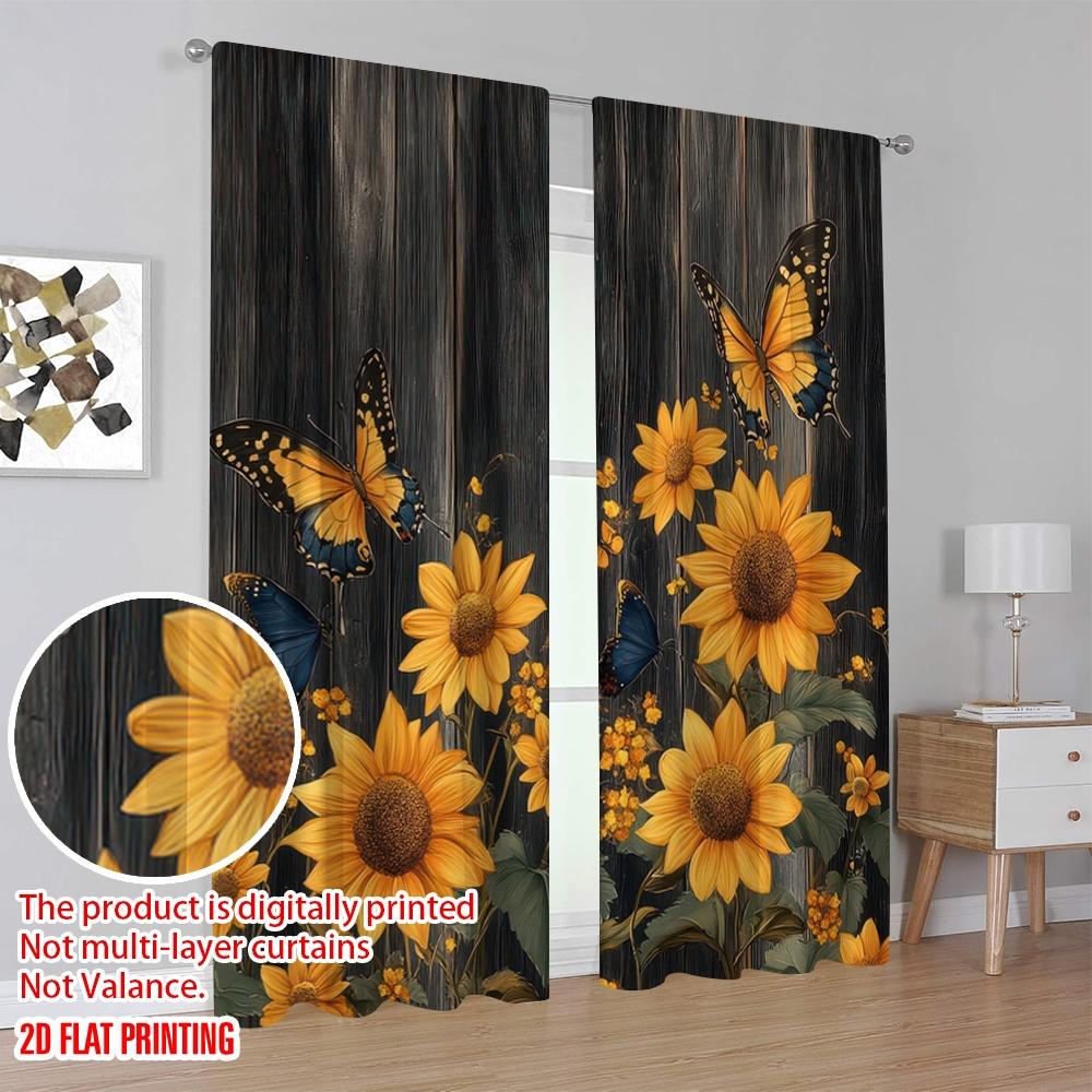 2D Flat Printing 2pcs Party Curtains Vintage Sunflower Durable Polyester,Without Electricity Party Decorations Use for Holiday