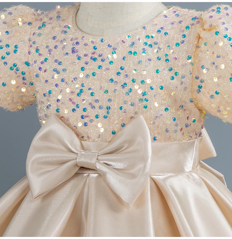 Girls' Sequin Satin Short Sleeve Evening Dress - Puffy High-End Birthday Costume