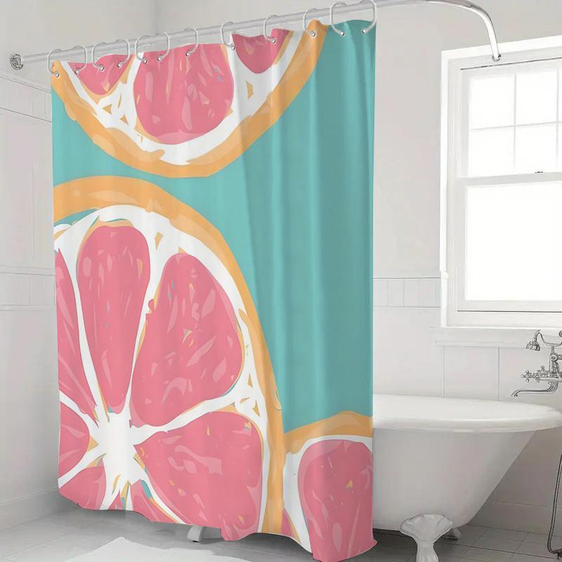 Pink and Orange Slice Patterned Shower Curtain, Polyester Fabric, Machine Washable, Includes Hooks, Suitable for Bathroom Décor.