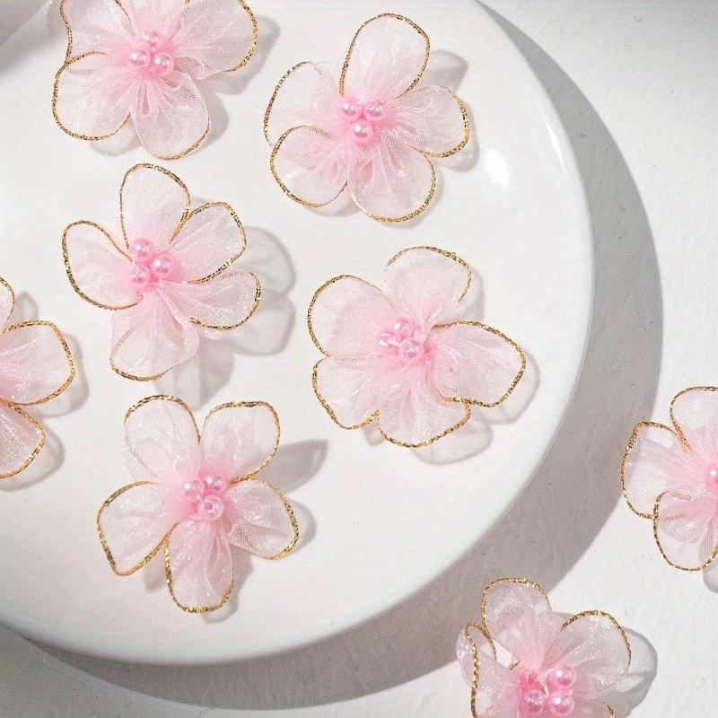 

30 шт. Цветок ручной работы, 3-бусинный 5-лепестковый сетчатый цветок с искусственным жемчугом, 5-лепестковый цветок с искусственным жемчугом, сетчатый цветок с золотой окантовкой, 5-лепестковый цветок с бусинами розовый