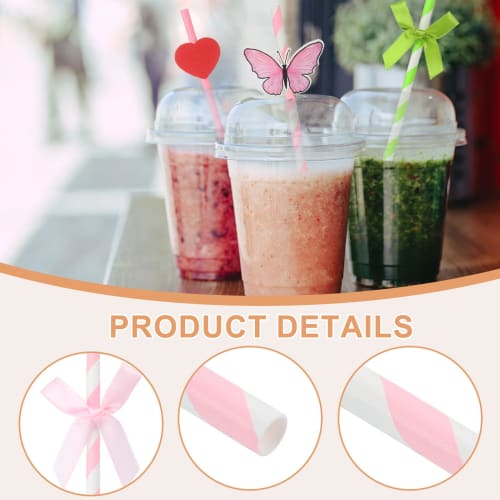 uxcell 60pcs Ribbon Bow Striped Paper Straws, Disposable Straws for Weddings, Birthday Parties, Cake Decorations, Pink