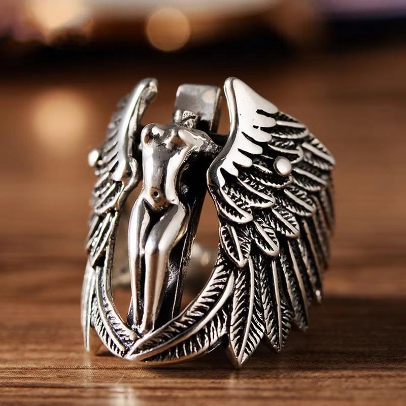 Huajie Men's Charming Cross Angel Wings Rings Classic Retro Banquet Party for Men Delicate Unisex Ring Trend Tide