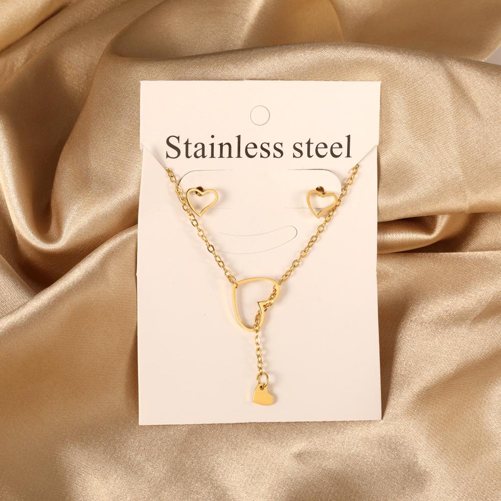 Trendy Love Heart Necklaces Zircon Sets For Women Stainless Steel copper Plated 2 Pieces Pendant Necklaces And Earrings Sets