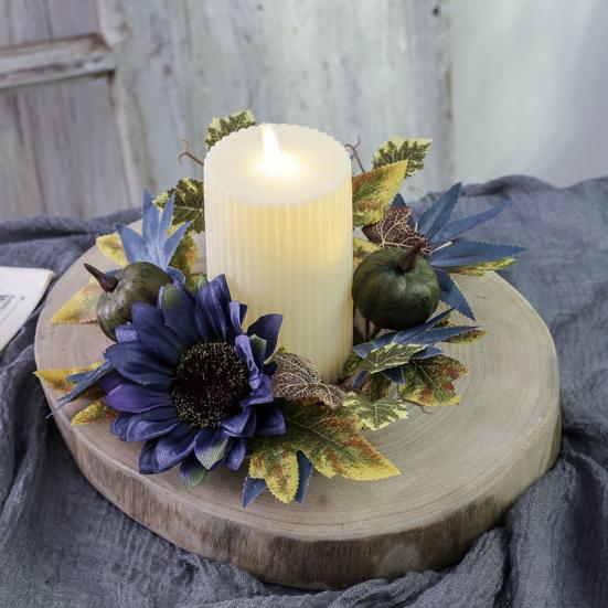 Halloween Candle Ring Wreath Artificial Pumpkin Sunflower Maple Leaf Wreath Pillar Candle Holder for Wedding Home Table Decoration