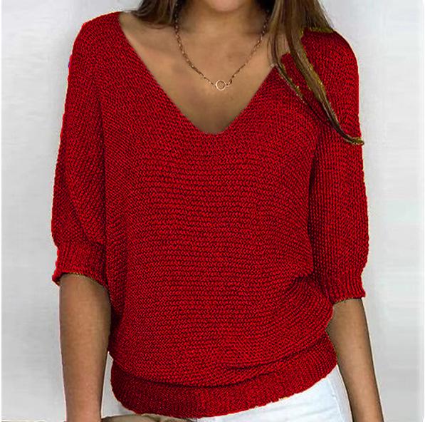 2026 Women's Solid Color Round Neck Knitwear Three-Quarter Sleeve Top
