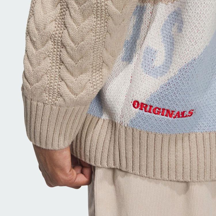 Adidas Maglione Lavorato a Maglia Pullover Intarsio Logo Originals Sportswear Uomo Top Cachi Chiaro IN0985