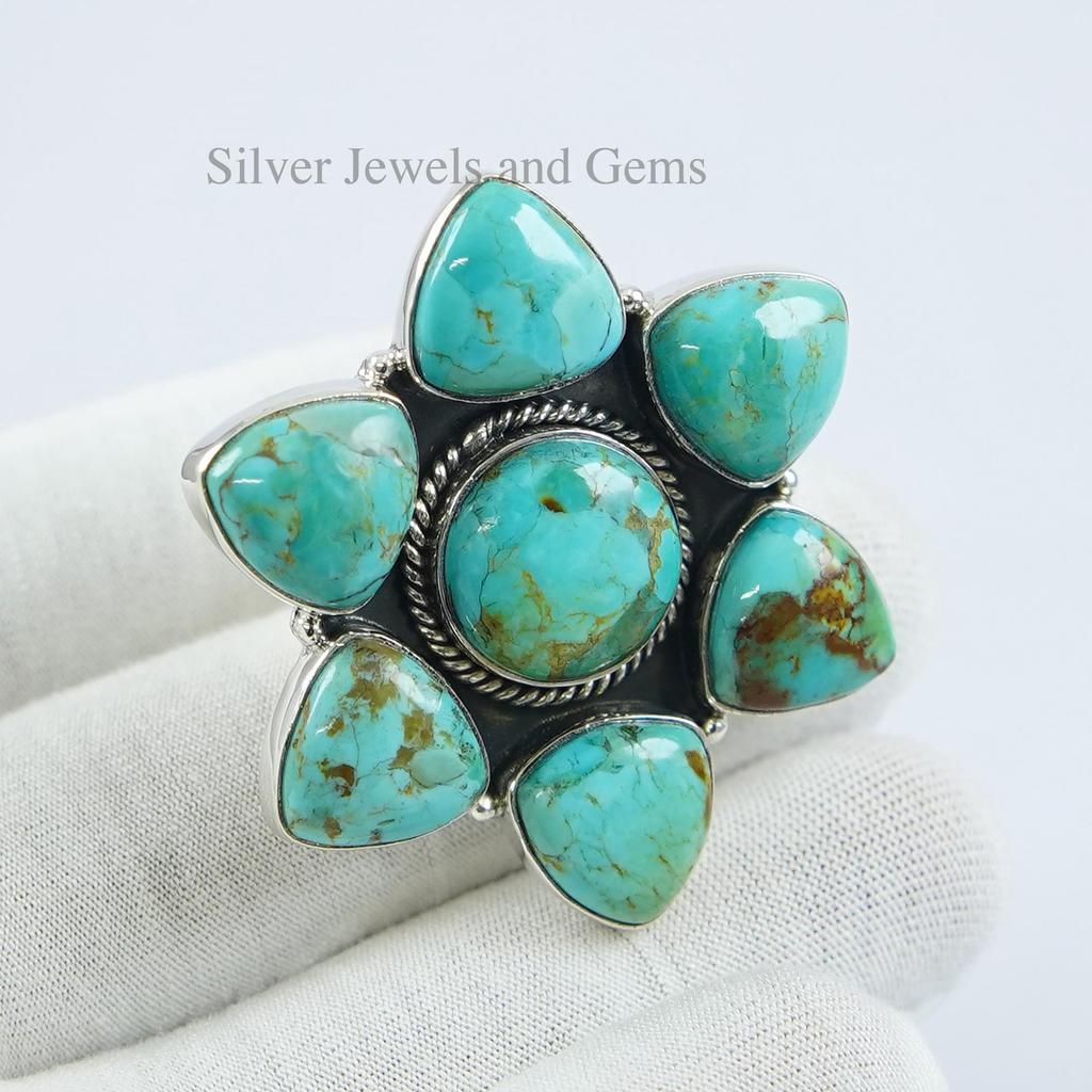 Kingman Turquoise 925 Sterling Silver Ring - Adjustable Boho Statement Ring