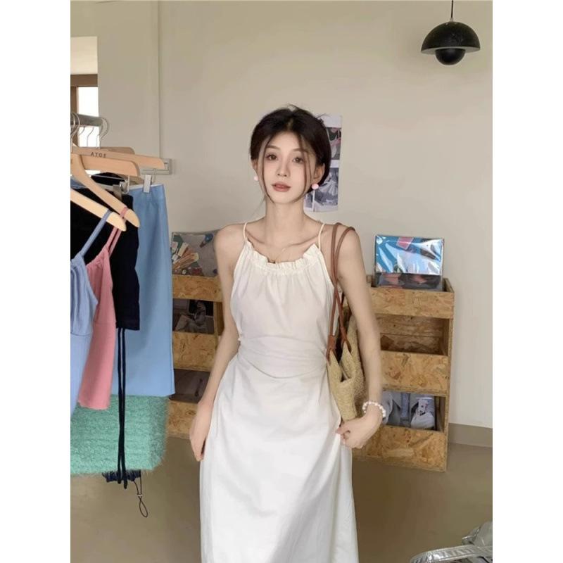 Design Sense Hollow Waist Hanging Neck Suspender Dress Dopamine Lace Up Waist Thin Holiday Su Long Dress