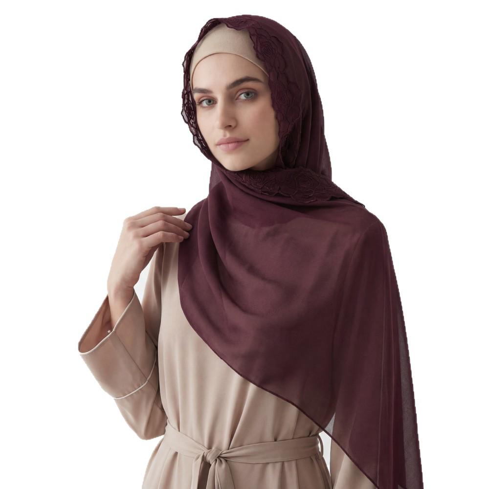 Sciarpa da Donna in Chiffon Monocolore con Grande Ricamo Floreale – Versatile Sciarpa di Seta & Protezione Solare