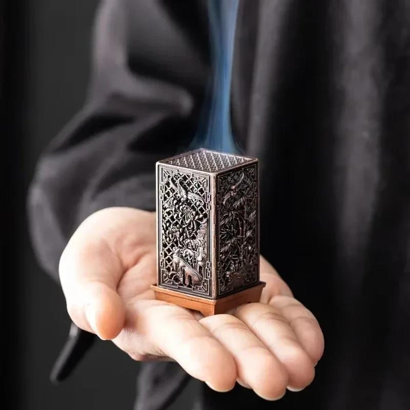 Vintage Carved Plum Incense Burner Square Vertical Alloy Incense Holder Buddhist Craft Chinese Antique Aromatherapy Zen Ornament