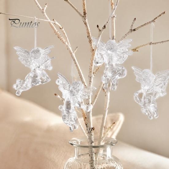 Christmas Angel Ornaments 4Pcs Winged Hanging Ornaments, Clear Figurines, Indoor Holiday Accents Tree Decor, Seasonal Home Party Supplies Transparent