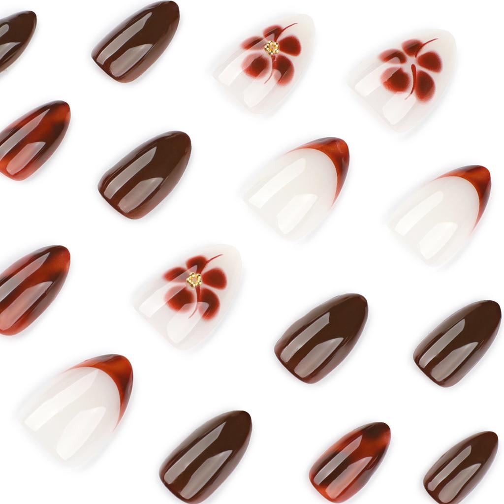 Hot-selling smudged petal flower manicure wearing nail piece French short almond nail fake nail