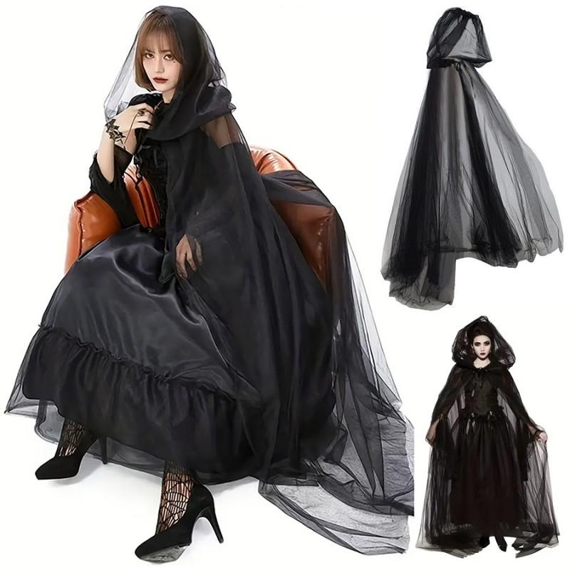Halloween Witch Cloak With Hooded Tulle Cape Cosplay Costume Women Vampire Reaper Role Play Party