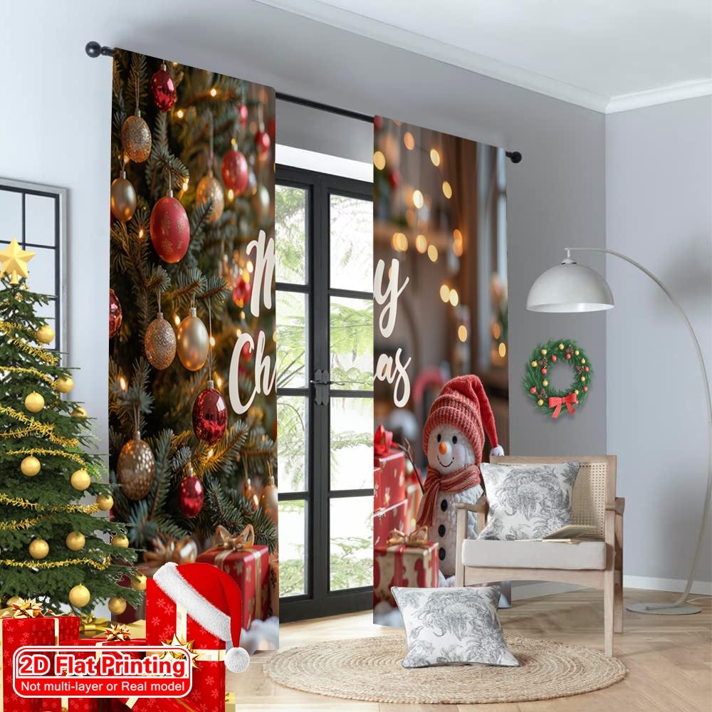 2pcs 2D flat printing Merry Christmas Scene Curtains Merry Christmas Scene Polyester Fabric Without Electricity Festive Holiday
