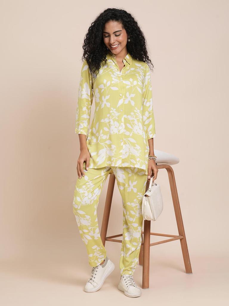 Floral Printed Shirt With Trousers Co-Ords In Lime Green Color