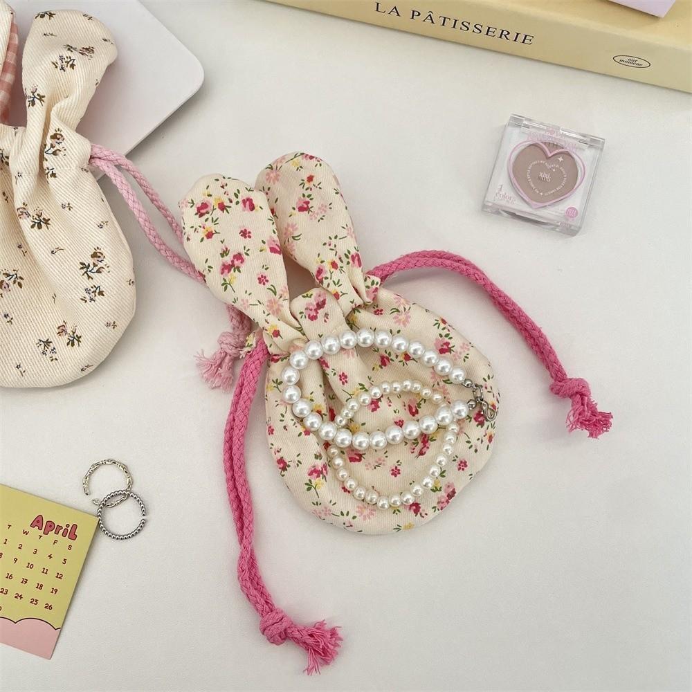 Cute Mini Bunny Ears Storage Bag Portable Drawstring Makeup Storage Bag Multi functional Earphone Coin Purse Travel