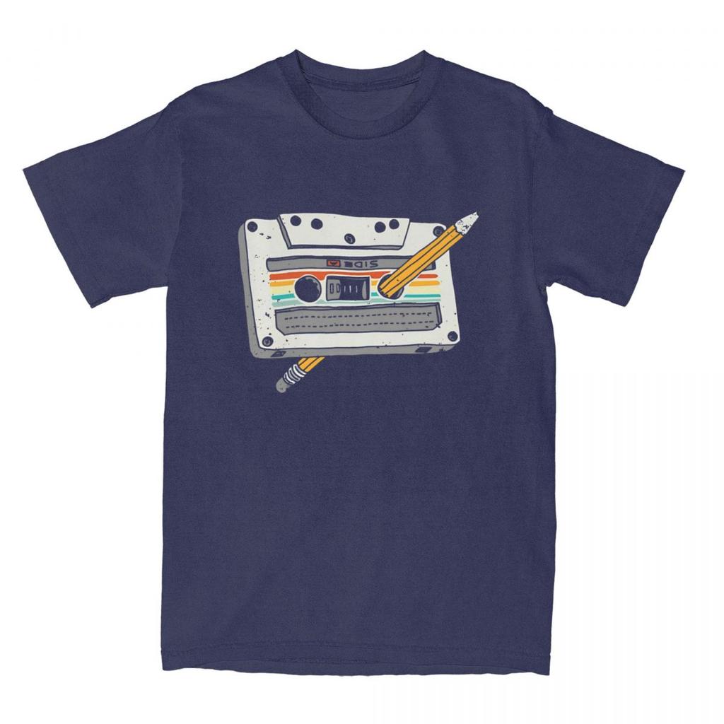 Cinta de Cassette de los 80 Lápiz Retro de los 80 Camiseta para Hombre Algodón Puro Camiseta Vintage Cuello Redondo Camisetas Manga Corta Ropa Talla Grande