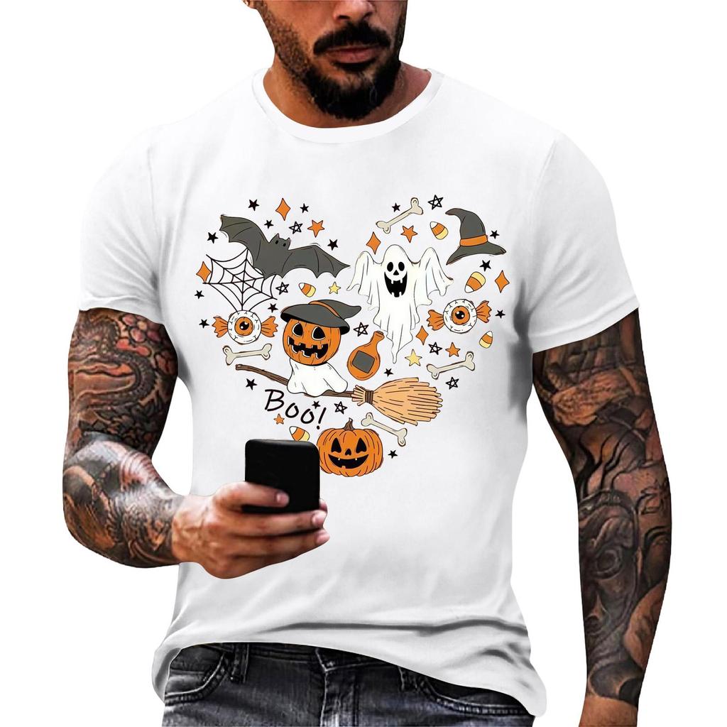 Men Casual Short Sleeve Halloween Print Tee Crew Neck Cotton Fit T Shirt for Everyday Wear and Sports