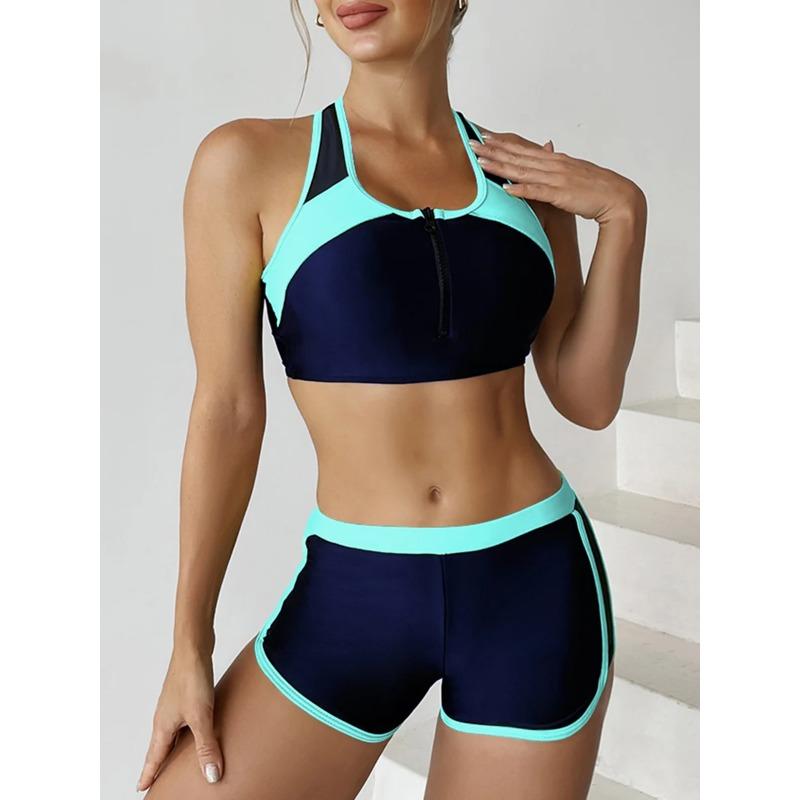 

2026 Zipper Bikini Set Two Piece Swimsuit Women With Shorts Sports Swimwear Female Bathing Swimming Suit Beach Wear Summer XL зелений