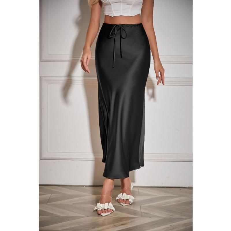 Waist Tie High Satin Drawstring Solid Color Halter Skirt