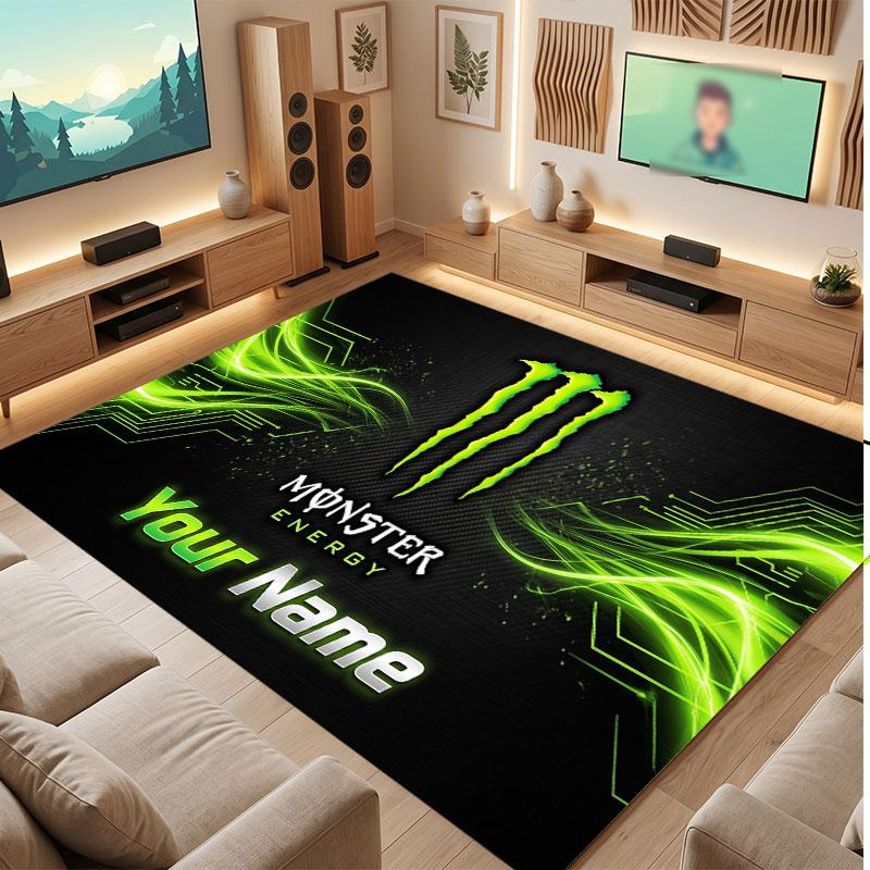Monster Energy Personalisierter Kristall-Samt-Teppich, Benutzerdefinierter Namens-Text Weicher Anti-Rutsch-Teppich für Wohnzimmer Schlafzimmer