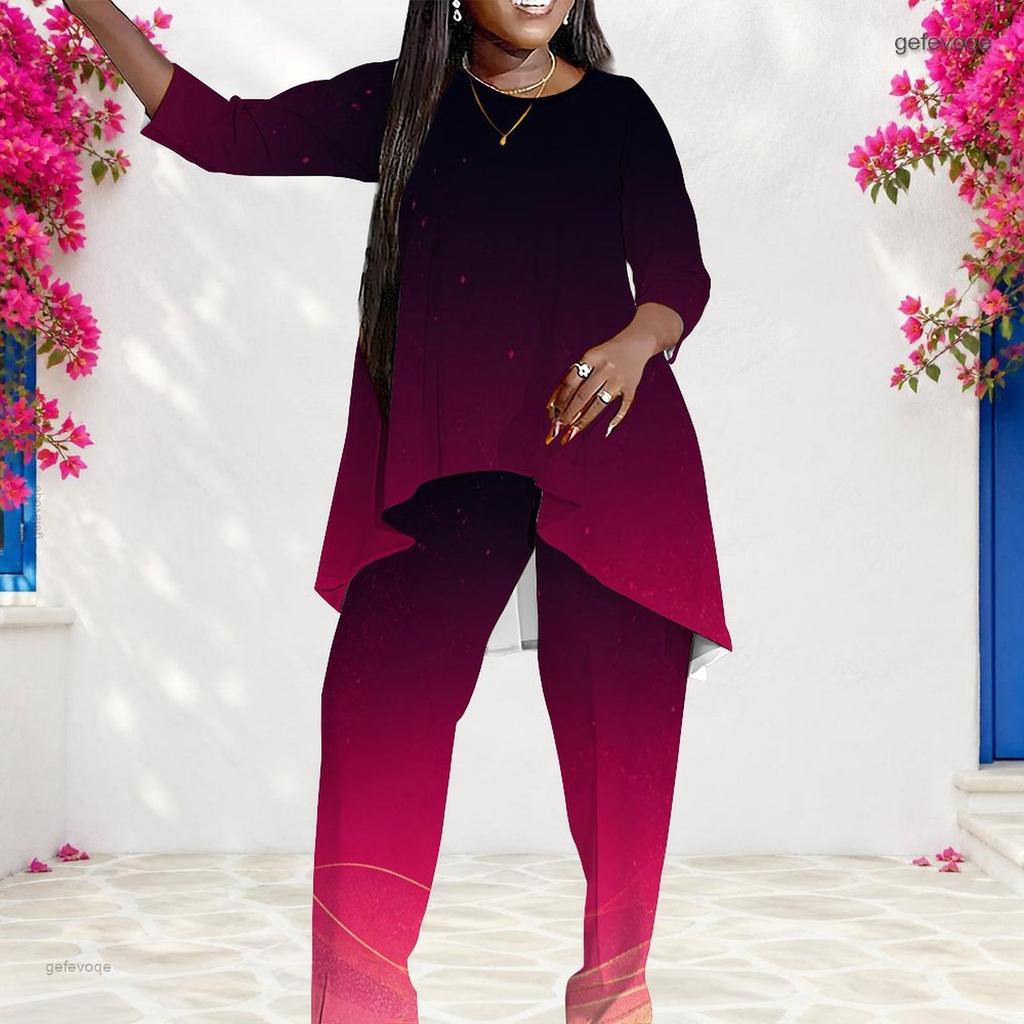Women Plus Size Round Neck Long Sleeve Printed Layered Top Long Pants Two Piece Set